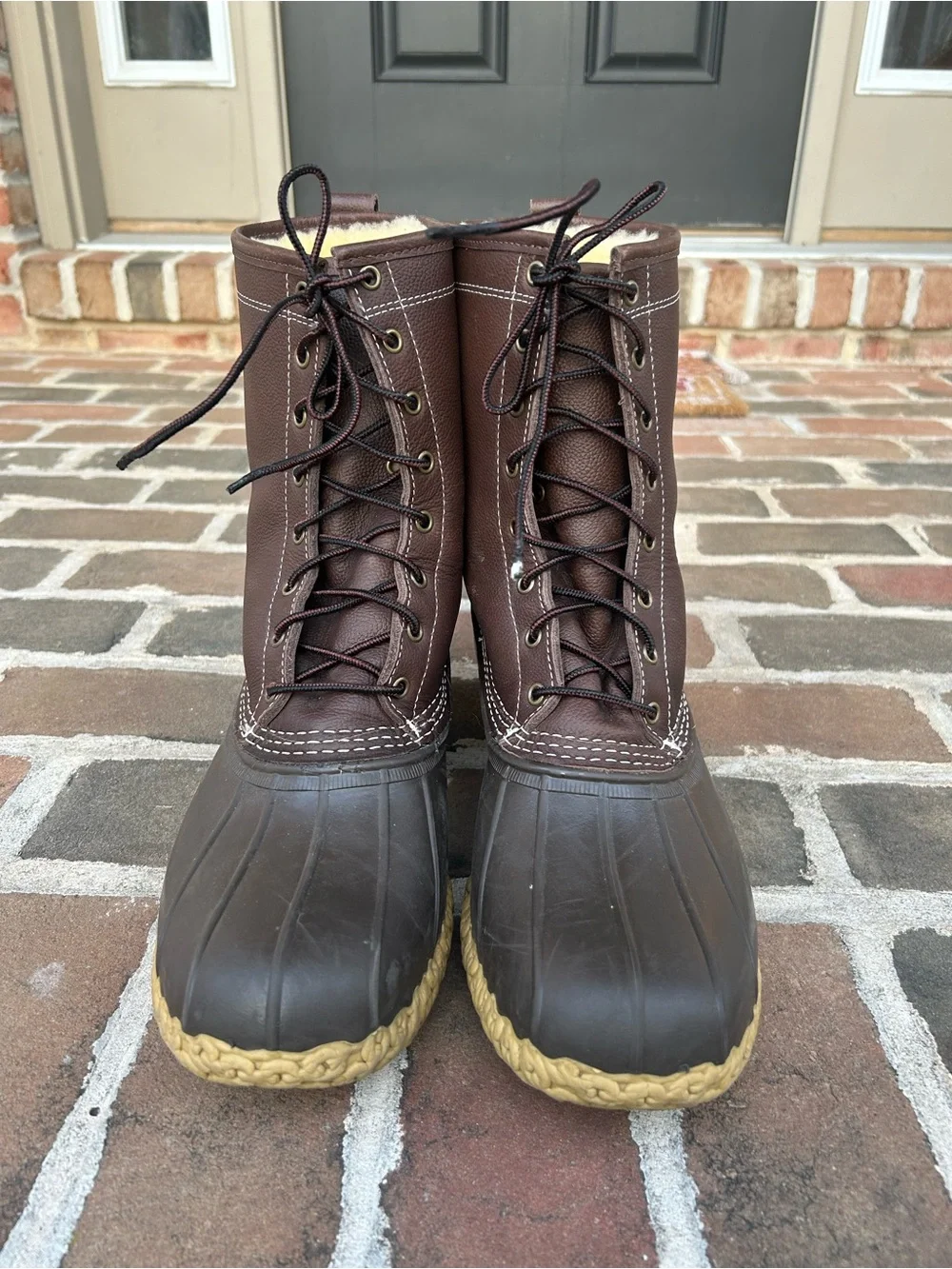 LL Bean 10” Brown Leather Lace-Up Duck Boots Shearling Lined Mens 13 Wide